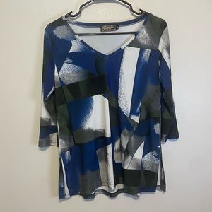 Sympli 3/4 Sleeve Blouse Size 4 Green Blue Geometric Multi